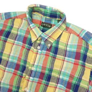 Orvis Linen Shirt Mens XL Madras Plaid Button Down Short Sleeve  Colorful‎